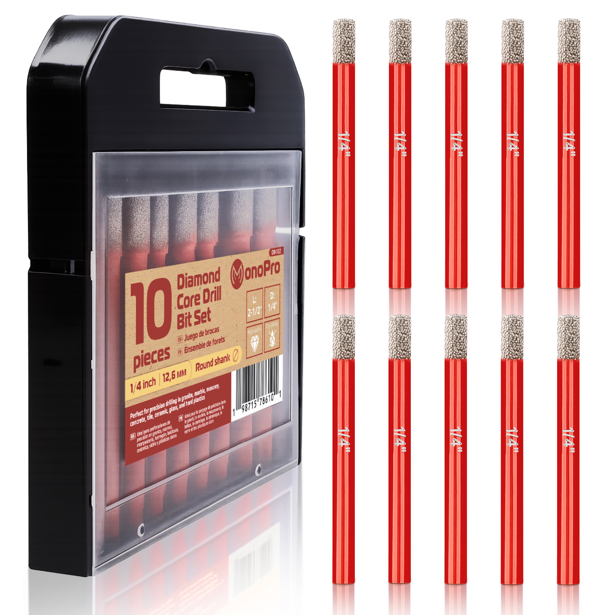 MonoPro Dry Diamond Drill Bit Set — 10 Pcs, 1/4in., 2.5in. Length, Grit #50/60, Model# DB-102